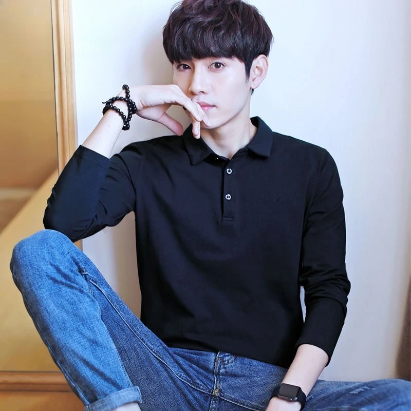 Mens Pure Cotton Polo Shirt Autumn Spring Black Collar Long Sleeve Tee Middle Age Casual Outerwear Top