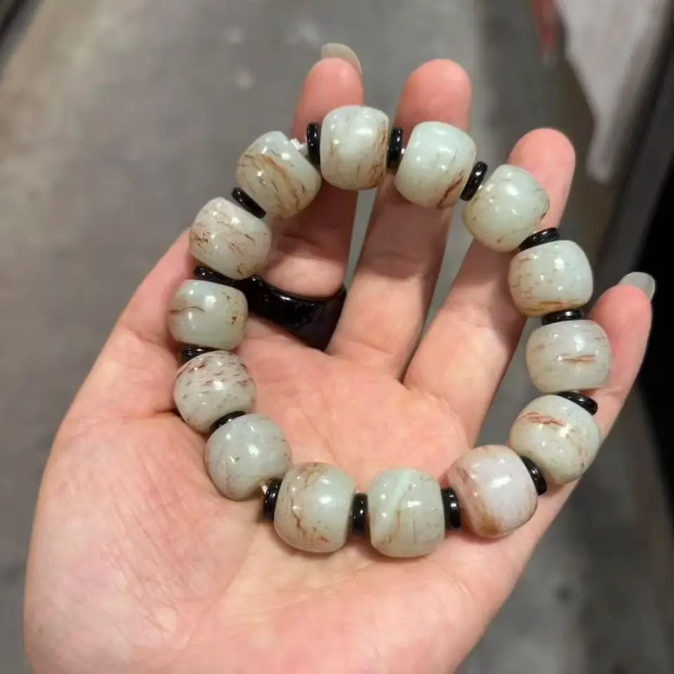 Natural Hetian jade hand string High Quality Nephrite Bracelet hand carving Bead Bracelet Boutique Jewelry Add certificat
