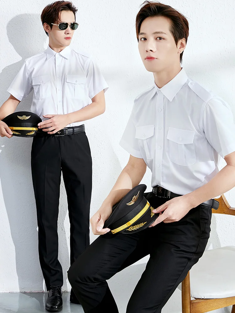 Airlines Uniform Men's Short Sleeve Shirt Slim Fit Pilot Shoulder Patches White Shirt Fashionable Urban Style Youth Daily Wear