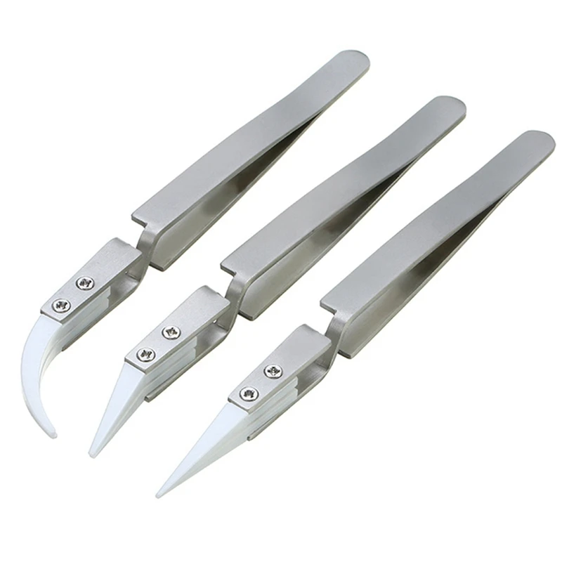 3 PCS Reverse Tweezers Ceramic Tweezers Set Stainless Steel High-Temperature Resistant Non-Conductive