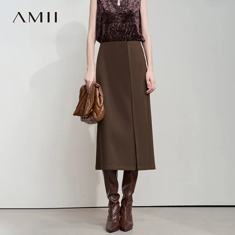 AMII Minimalist Women Brown Skirts 2025 Autumn Retro Brushed Twill Side Slit Office Lady Midi Skirts Woman Clothing 12543057