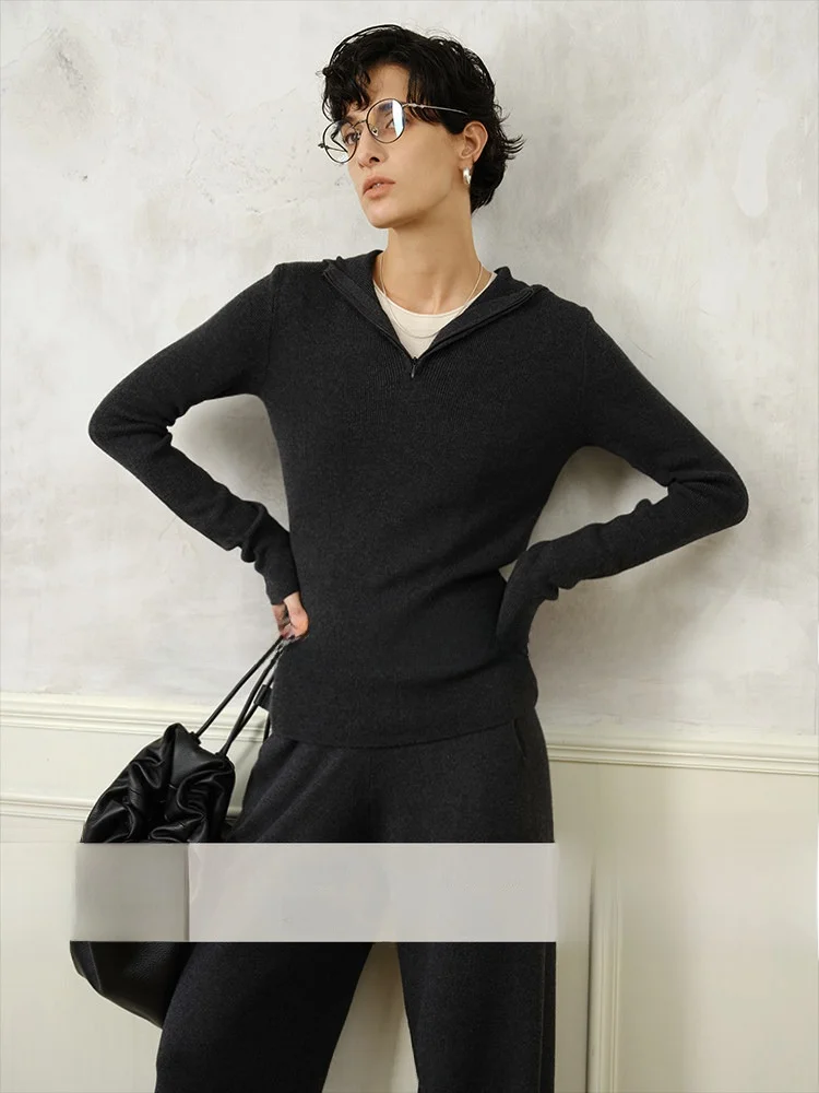 

COOBLOOM ey Soft Wool Knitted Set V-Ne Hooded Sweater Wide Leg Pants Commute Sle Slim Fit Wool Blend Long Sve