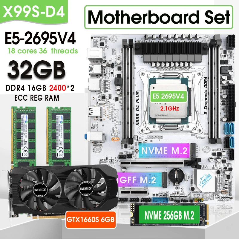 JINGSHA X99 D4 Motherboard gaming Set with E5 2695V4 +32GB(2*16G) DDR4 2400 Hertz RECC And GTX1660S 6GB GPU NVME 256GB M.2  Kit