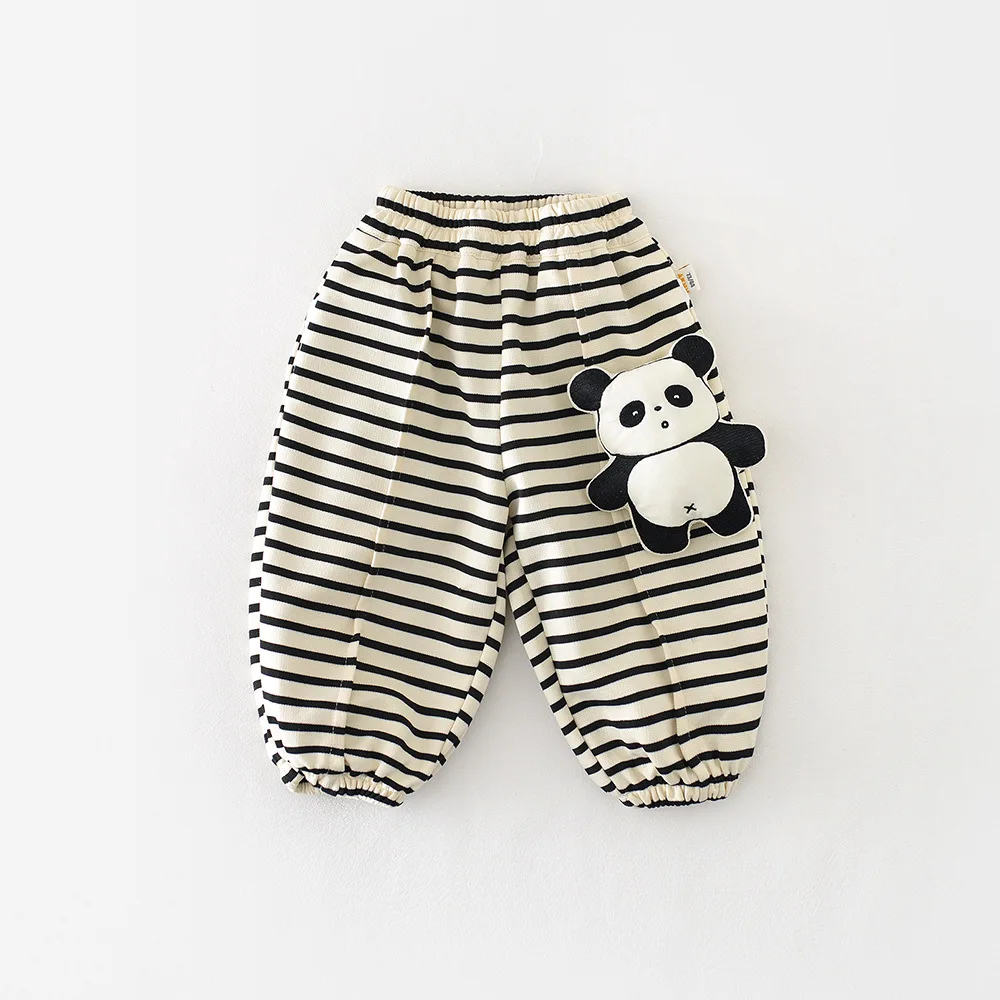 Boys Cartoon Panda Sweatpants Infant Clothes 2026 Spring New Baby Loose Trousers Toddler Girls Striped Casual Pants Cotton