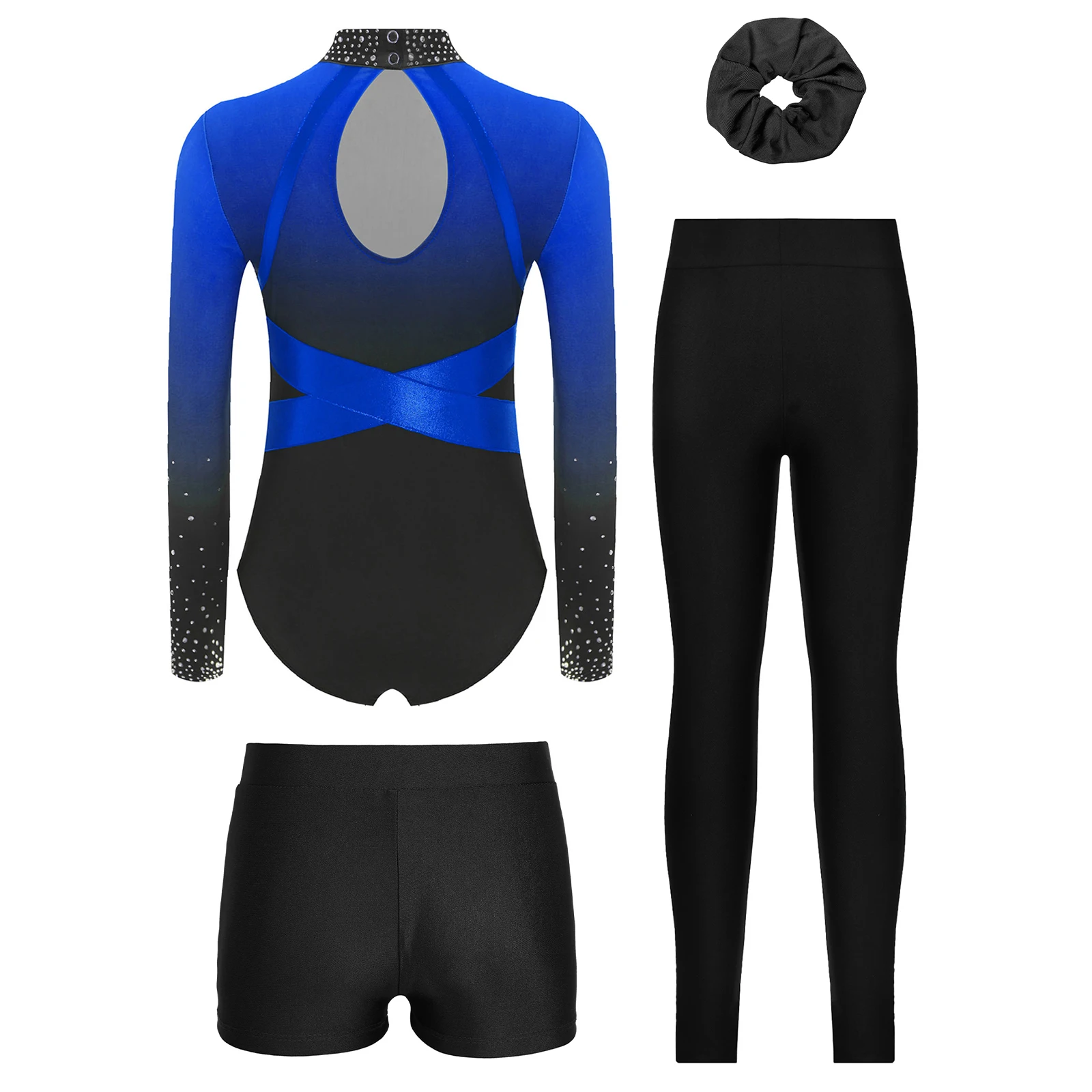 Kinder Mädchen Farbblock-Ballett-Tanz-Outfits, glänzender Strass-Trikot mit V-Bund vorne, Shorts, Leggings, Kopfbedeckung