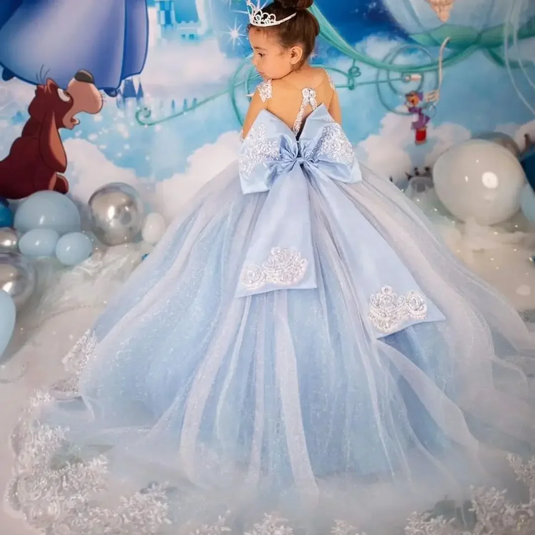 

Princess Flower Girl Dress Illusion Long Sleeve Maxi Dress Satin Sparkling Fluffy Tulle Ball Gown Communion Dress