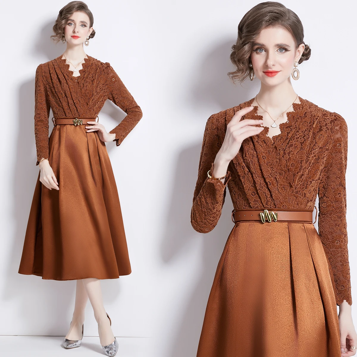 Autumn and Winter Luxury Lace Splicing V-neck Waist Lace-up Dress Office Work Business Skirt