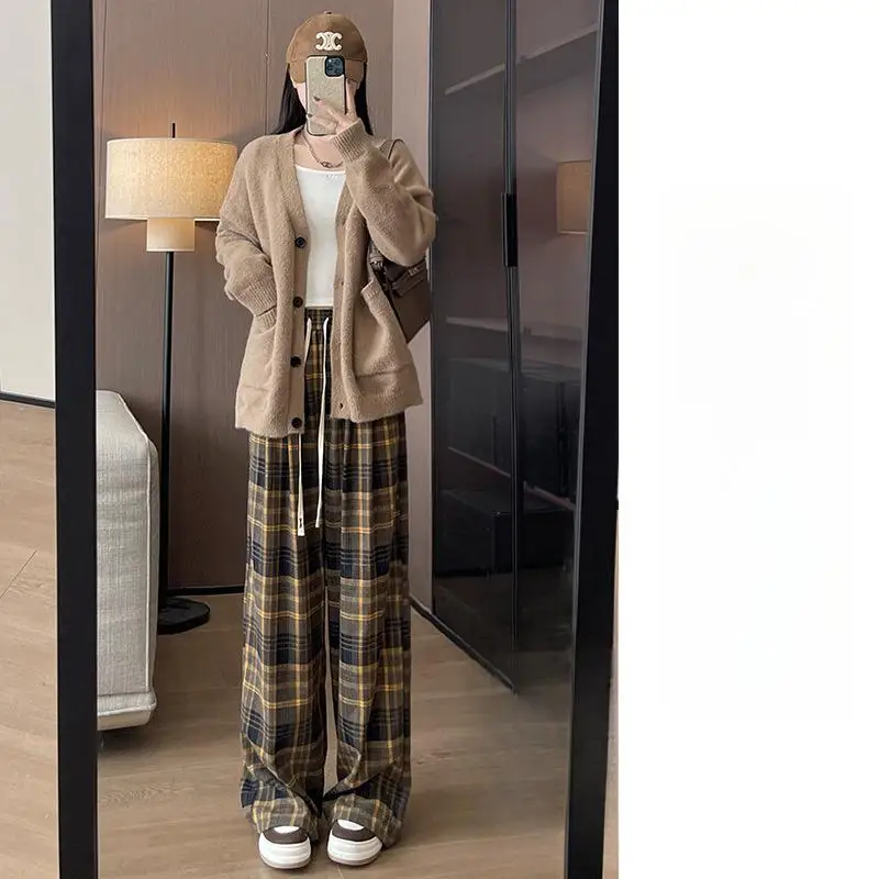 بنطال ذو قصة أرجل واسعة من الكتان للنساء للربيع Preppy Girl مناسب للكلية والشباب قابل للتنفس وأربطة مشروط مطوي وشاحات ناعمة #5