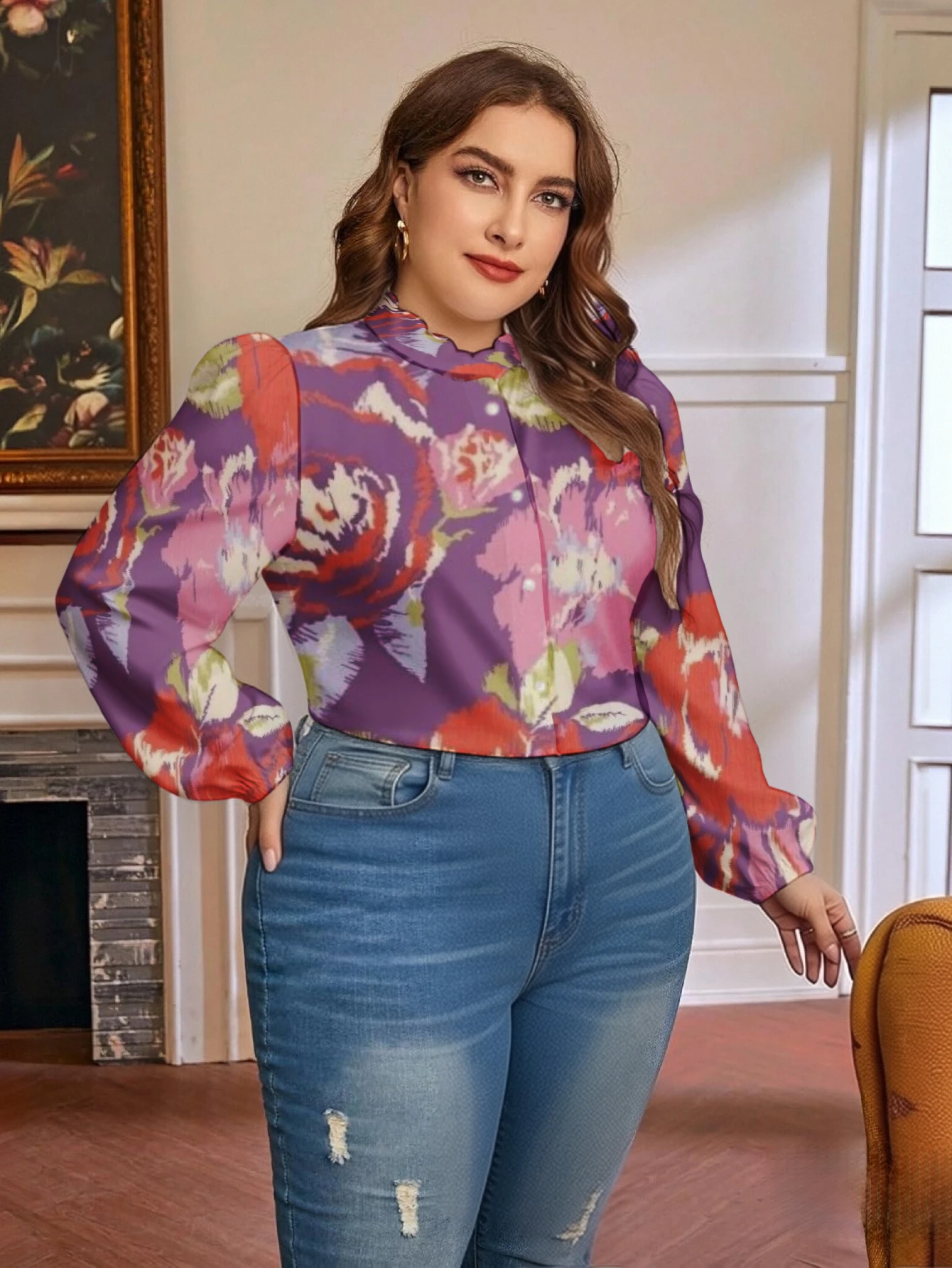 

Новая женская блузка больших размеров 2026 года с рюшами, воротником-стойкой, 3D-принтом, длинными рукавами, на пуговицах, свободного кроя, элегантная повседневная блузка-топ