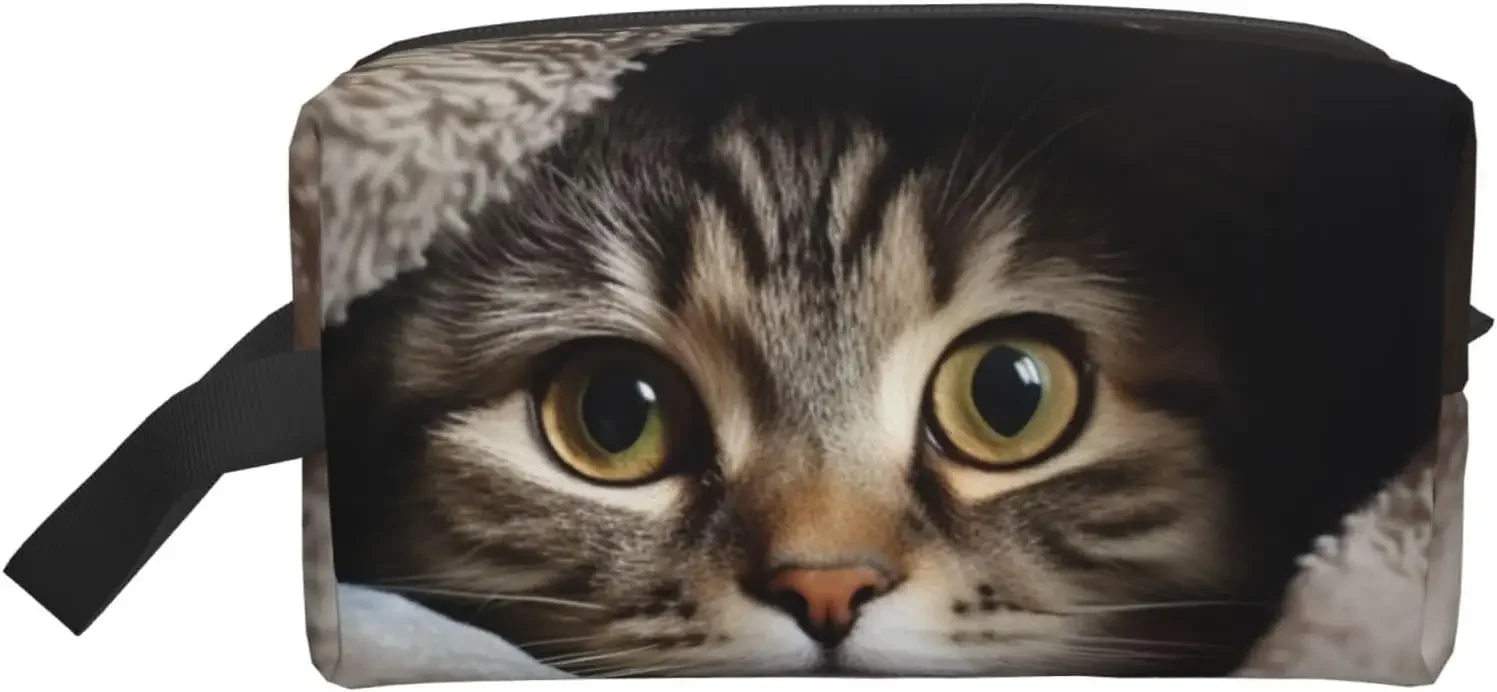 

Travel Toiletry Bag for Women Men Leather Makeup Bag Large Portable Travel Organizer Cat Under Blanket Cosmetic Bag