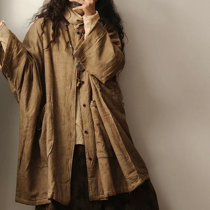 

Winter New 2025 Arts Style Women Single Breasted Wide-waisted Parkas Long Sleeves Warm Thickened Cotton Casual Loose Coats Y234