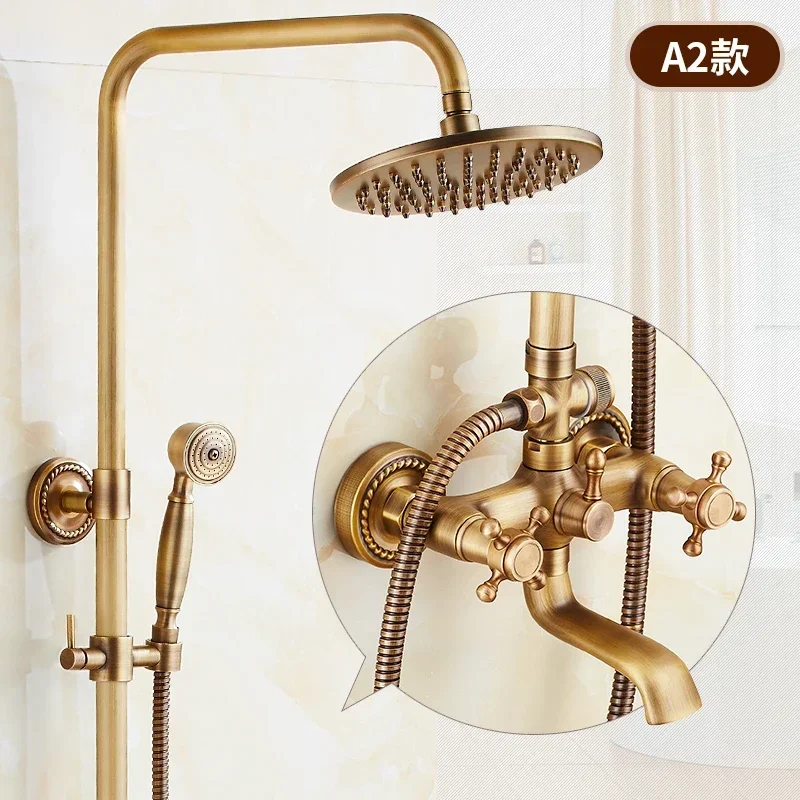 ZGRK Antique Brass Shower Faucets Set 8'' Rainfall Shower Commodity Shelf Dual Handle Mixer Tap Swivel Tub Spout Bath Shower