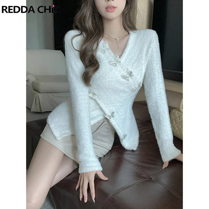 

REDDACHiC Butterfly Stitch Mohair Sweater Women White Crossover V-neck Long Sleeves Pullover Top Y2k Retro Fall Winter Knitwear