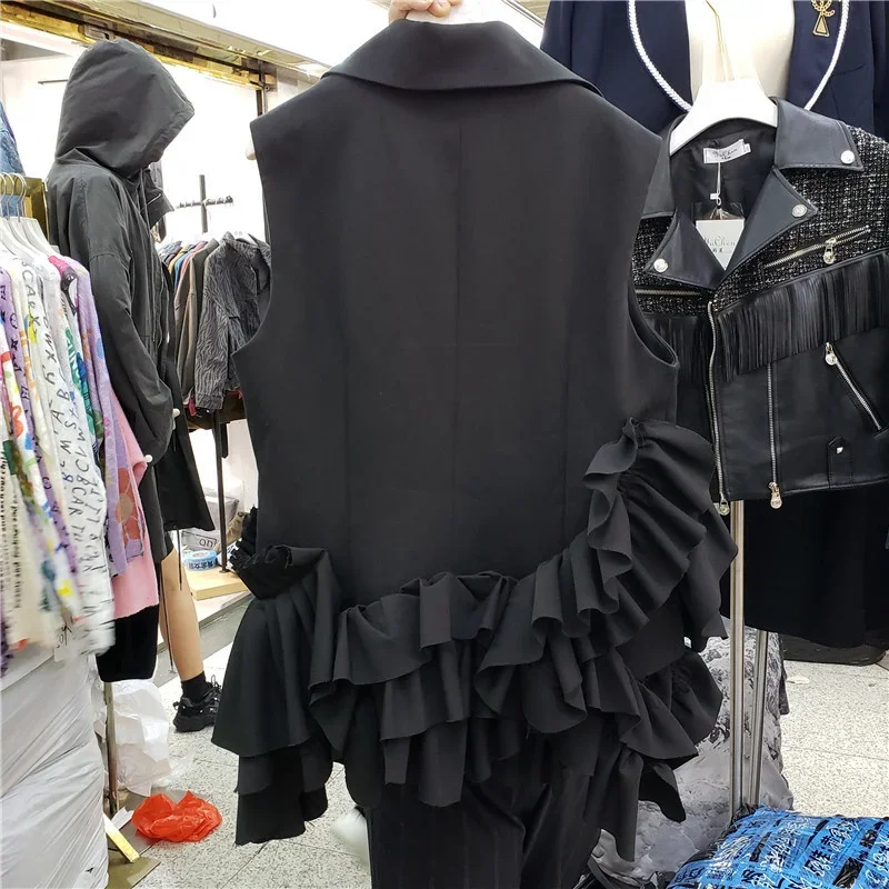 Suit Collar Irregular Ruffles Short Blazers Vest Women Sleeveless Jacket Korean Loose Short Ruched Suit Vests Waistcoat Female