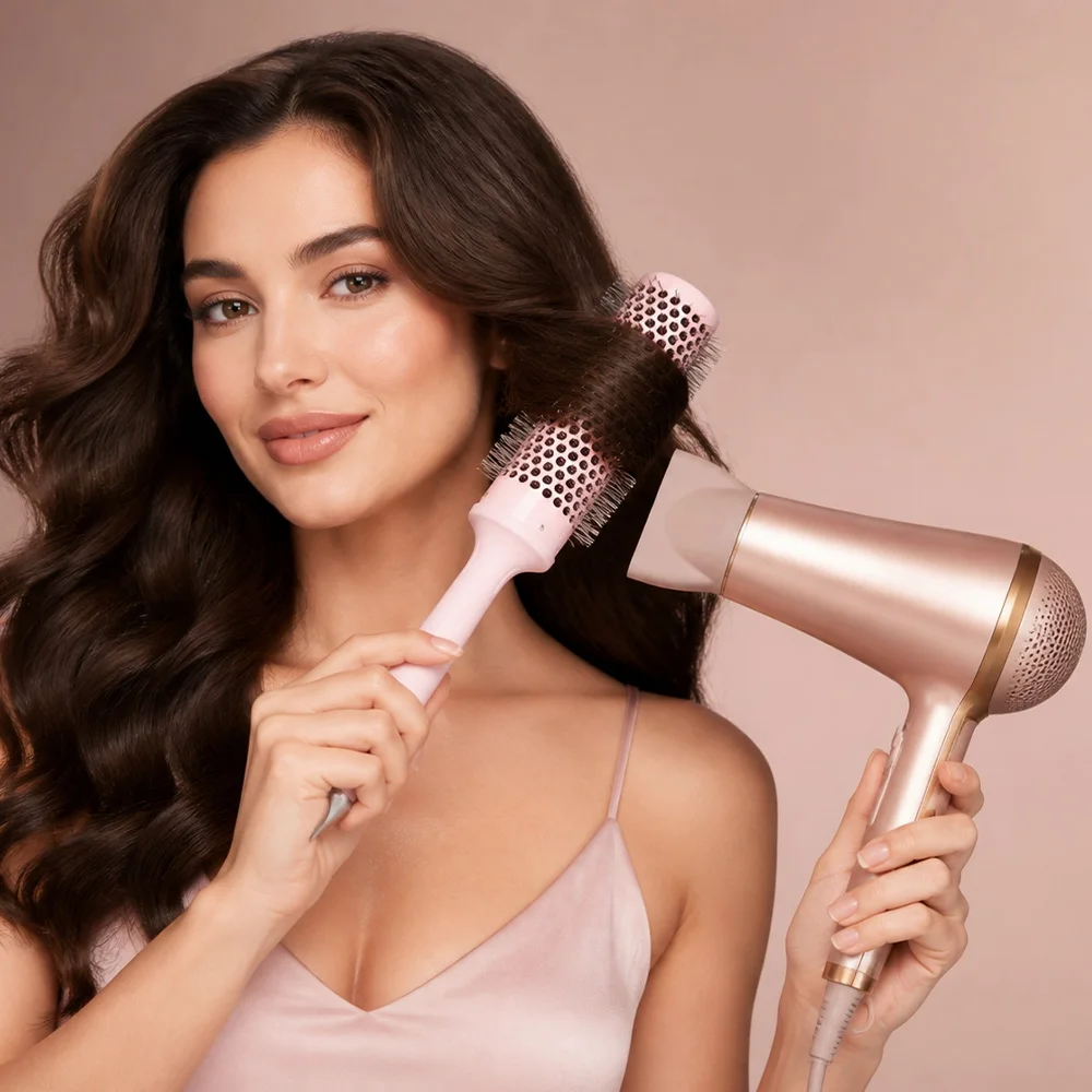 Pink Girly Style Aluminum Tube Ceramic Roller Brush, Anti-Static, Adds Natural Shine, 4 Barrel Sizes Available, Women's Home Hair Styling Brush for Blow-Drying, Curling, and Volumizing