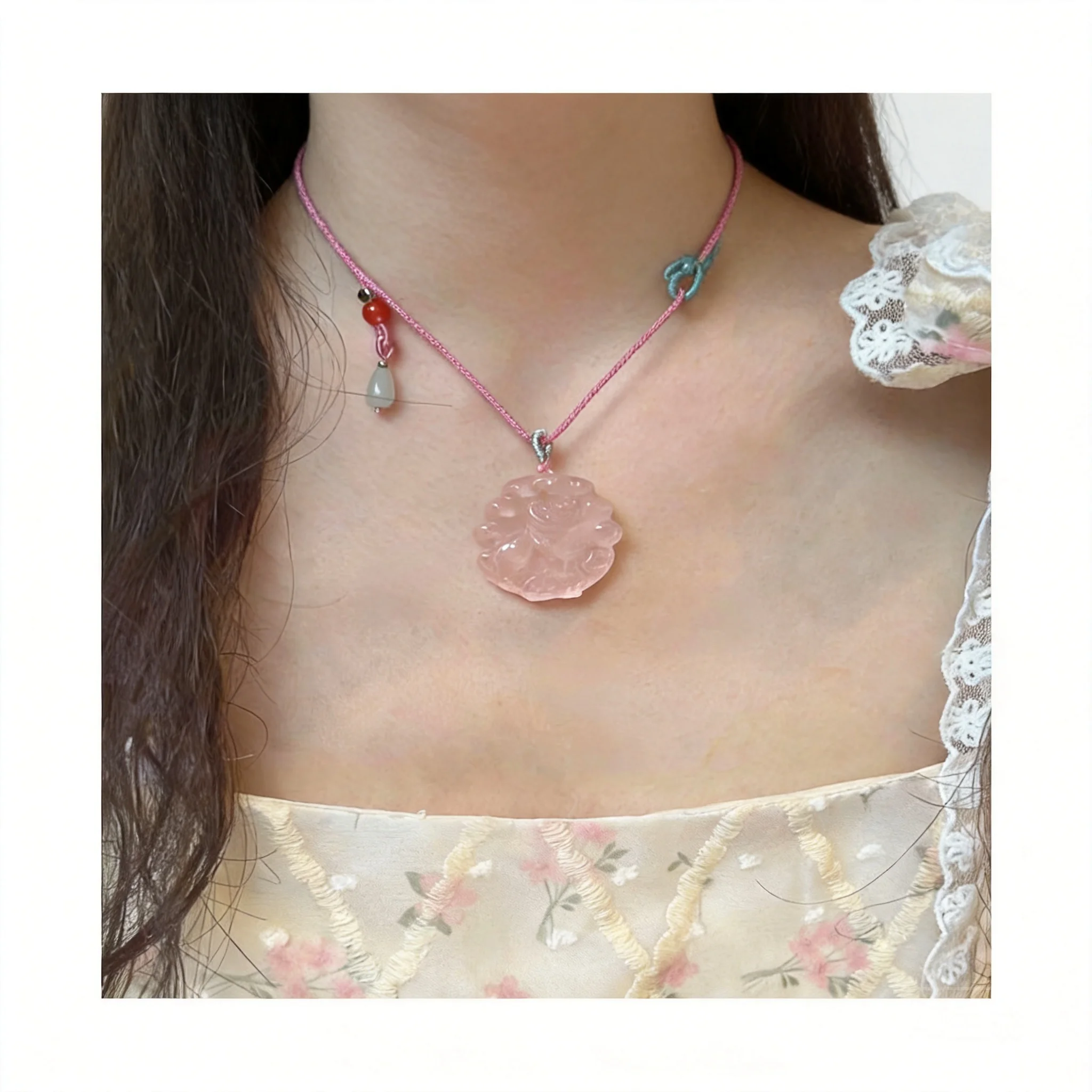Chinese Style Auspicious Rose Quartz Hand Carved Nine Tailed Fox Pendant Attract Love Good Luck Positive Vibe Jewelry With Handm