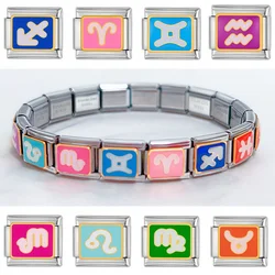 New 1Pcs 9mm Width 12 Constellation Italian Charm Elastic Links Bracelet Stainless Steel DIY Jewelry Making for Women Men Gifts