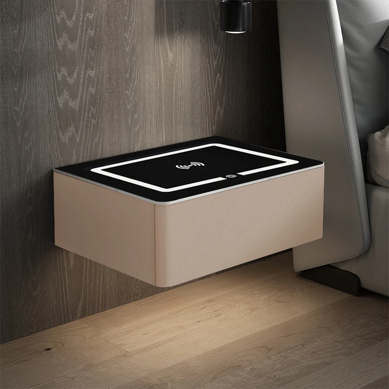 طاولة سرير ذكية لاسلكية USB شحن طاولة ليلية خشب رمادي منضدة عائمة معلقة على الحائط