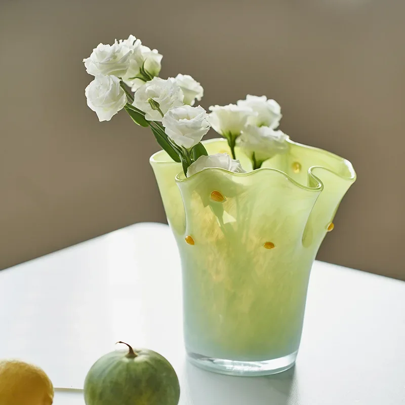 Creative Nordic Fold Handmade Wave Mouth Cabbage Glass Vase Home Soft Decoration Tabletop Hydroponic Fruit Tray Ornament