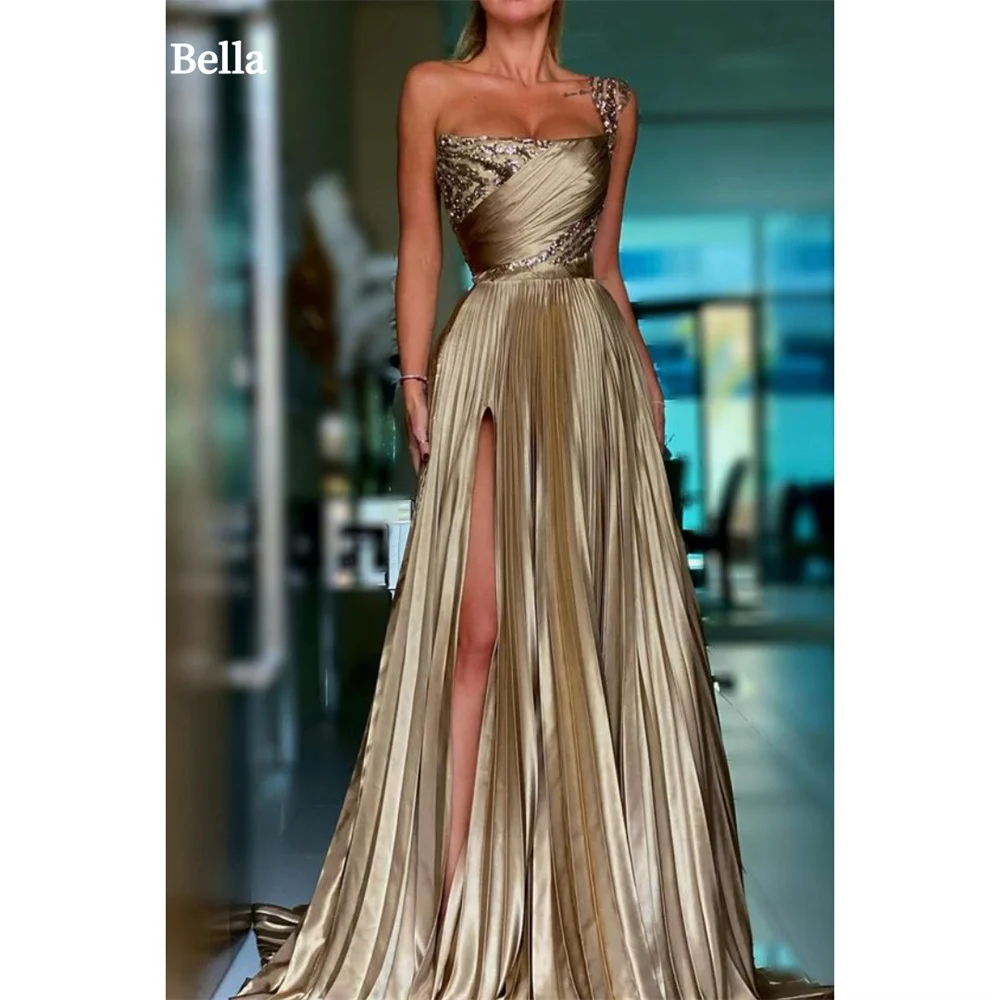 Bella Gold Pleated Prom Dresses Side Split A-line One Shoulder Wedding Dress Elegant Floor-length Sleeveles Vestidos De Fiesta