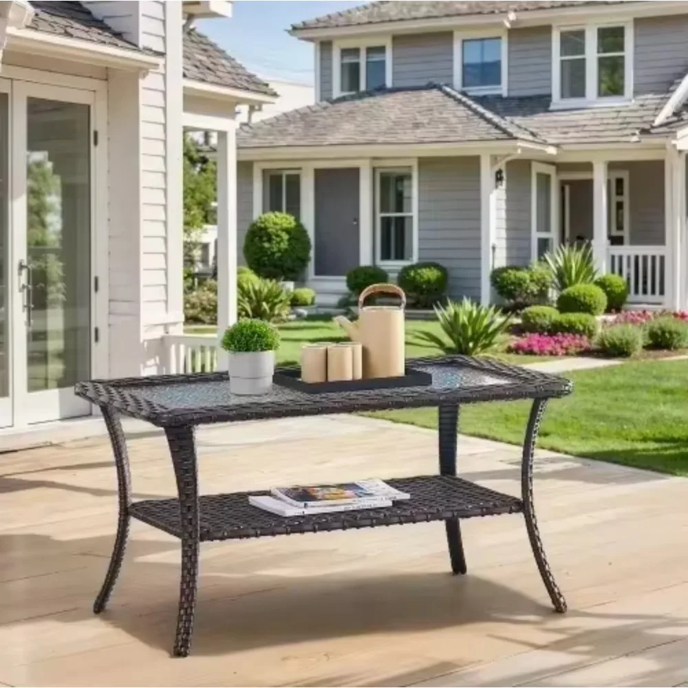 

Patio Rattan Wicker Coffee Table with Tempered Glass Top and 2-Tier Storage Outdoor Table for Deck Porch Balcony Garden