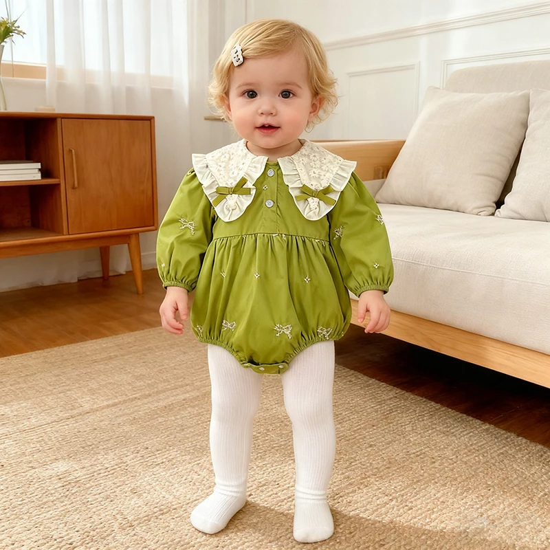 2026 New Spring Infant 0-24M Baby Girl Green Bow Bodysuit Cotton Embroidery Clothing Long Sleeved Toddler Baby Girl Jumpsuit