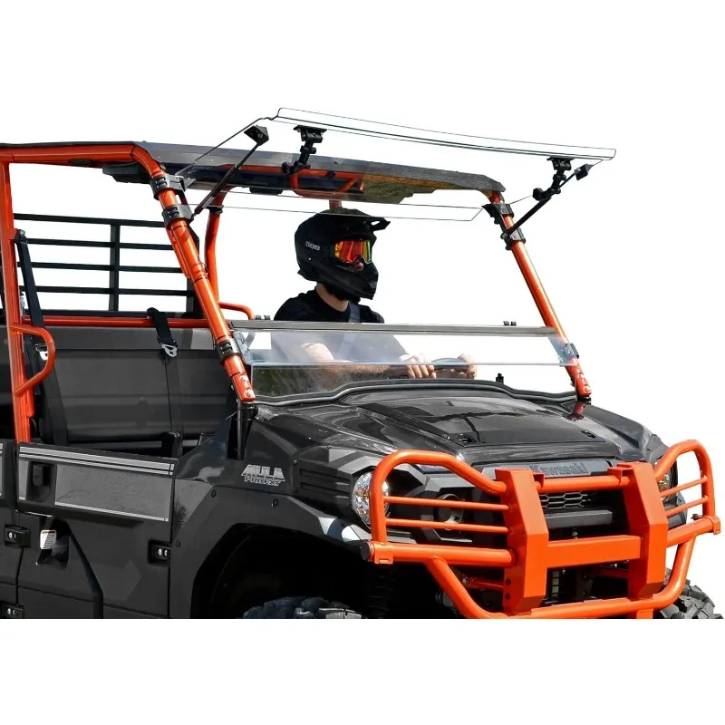 

SuperATV Heavy Duty Flip Windshield For Kawasaki Mule Pro FXT FX DXT DX 2015+, Set to Vented, Closed Or Open, Made of 1/4" Scrat