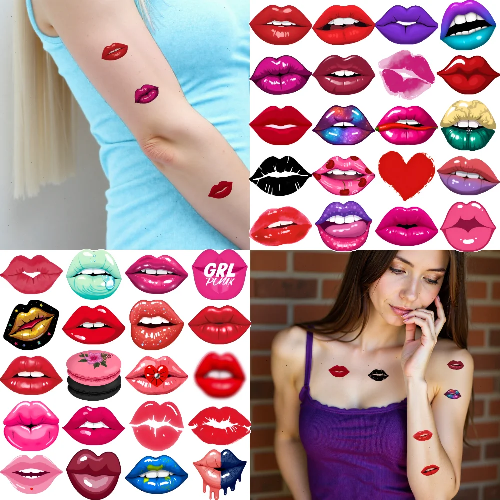 54 шт., временные татуировки, красочные губы, мультяшные губы, временные татуировки, наклейки для женщин на плечах
