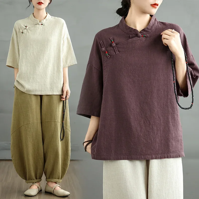 

Новая женская одежда из хлопка и льна в стиле ретро, летняя одежда с короткими рукавами и воротником-стойкой, китайский топ, свободная одежда для чая в стиле дзен