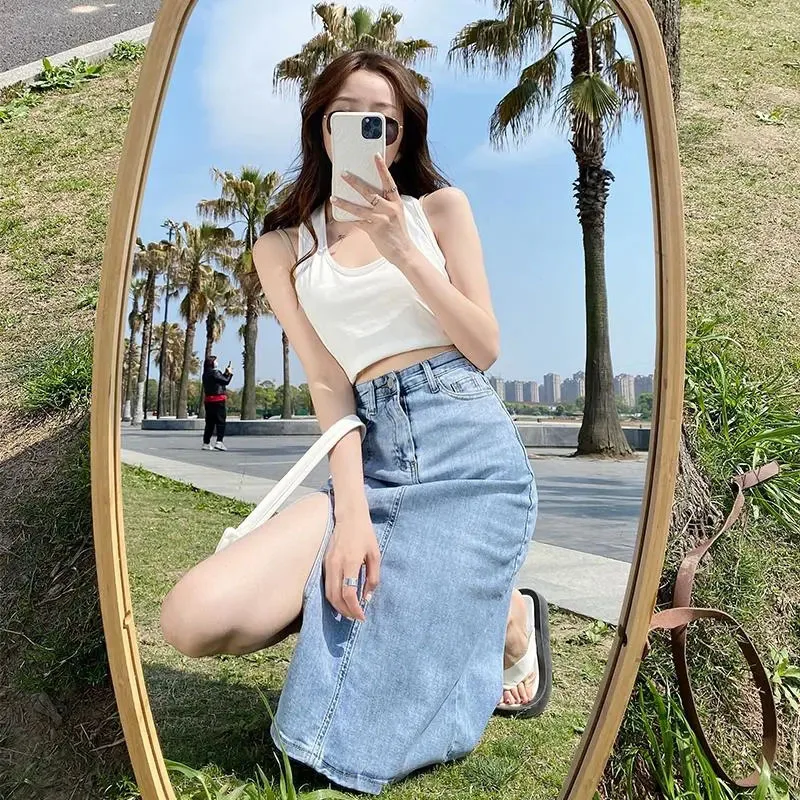 Lucyever Spring Summer Blue Denim Skirts Women Fashion High Waist Split One Step Skirt Woman Korean Streetwear Pencil Skirts