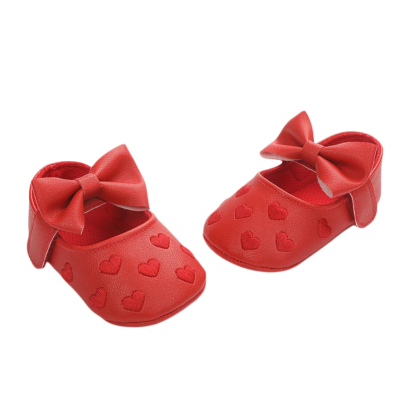 Mary Jane zapatos antideslizantes para bebés, zapatos de vestir de princesa con corazón, planos suaves con lazo