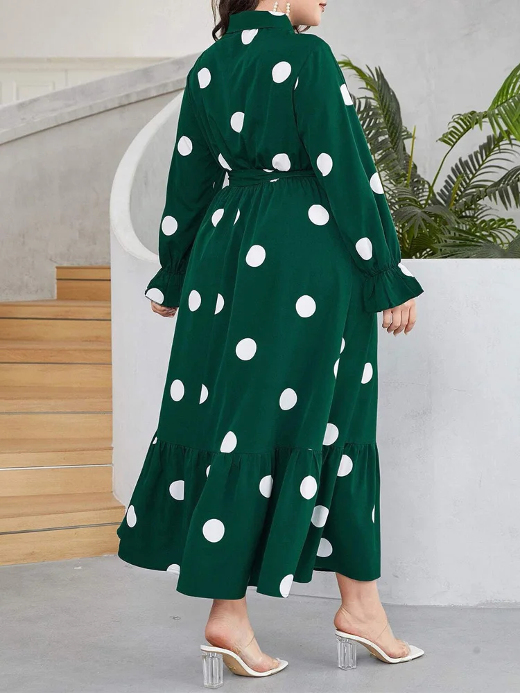GIBSIE Plus Size Polka Dot Half Button Belted Shirt Dress Women 2026 Autumn Elegant High Waist Long Sleeve Ruffle Hem Maxi Dress