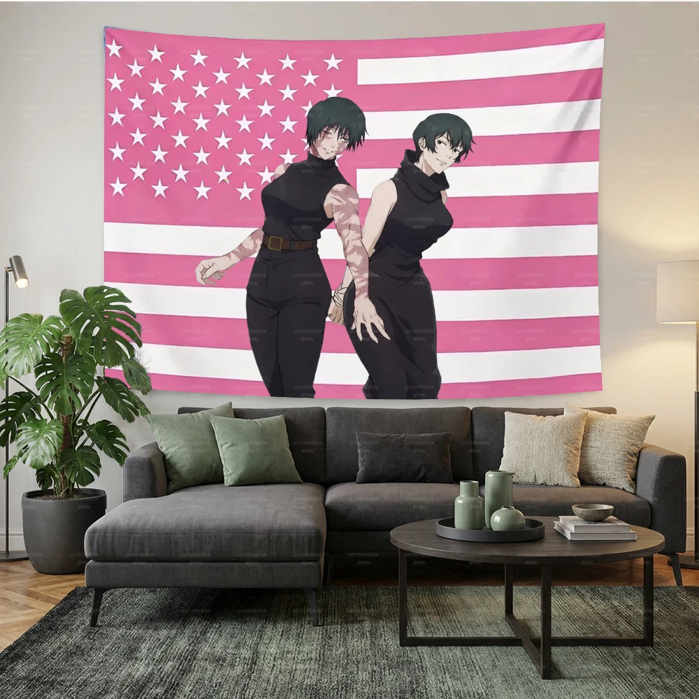 Jujutsu Kaisen Maki & Mai Zenin Rosa Amerikanische Flagge Wandteppich - Anime Wandbehang für Schlafzimmer, Wohnzimmer & Studentenwohnheim, JJK Fan-Heimdekoration