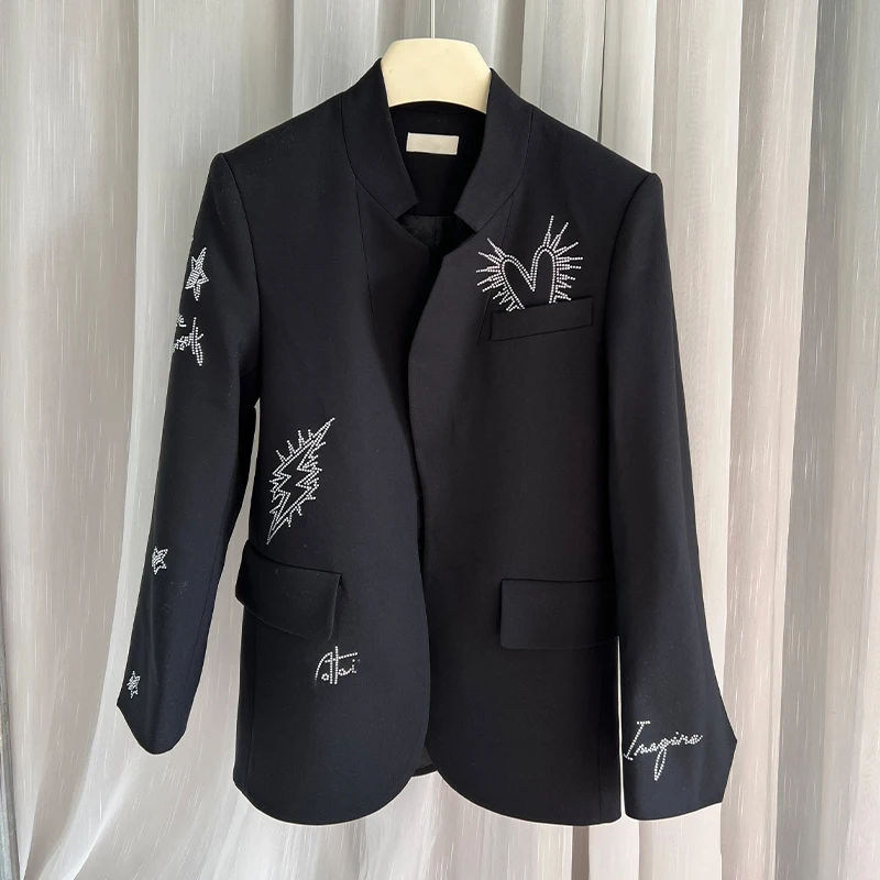 

Female Black Blazer Casual Diamonds Blazers Ladies Elegant Suit Lapel Formal Jackets Fashion Pocket Suits Winter Coat Tops