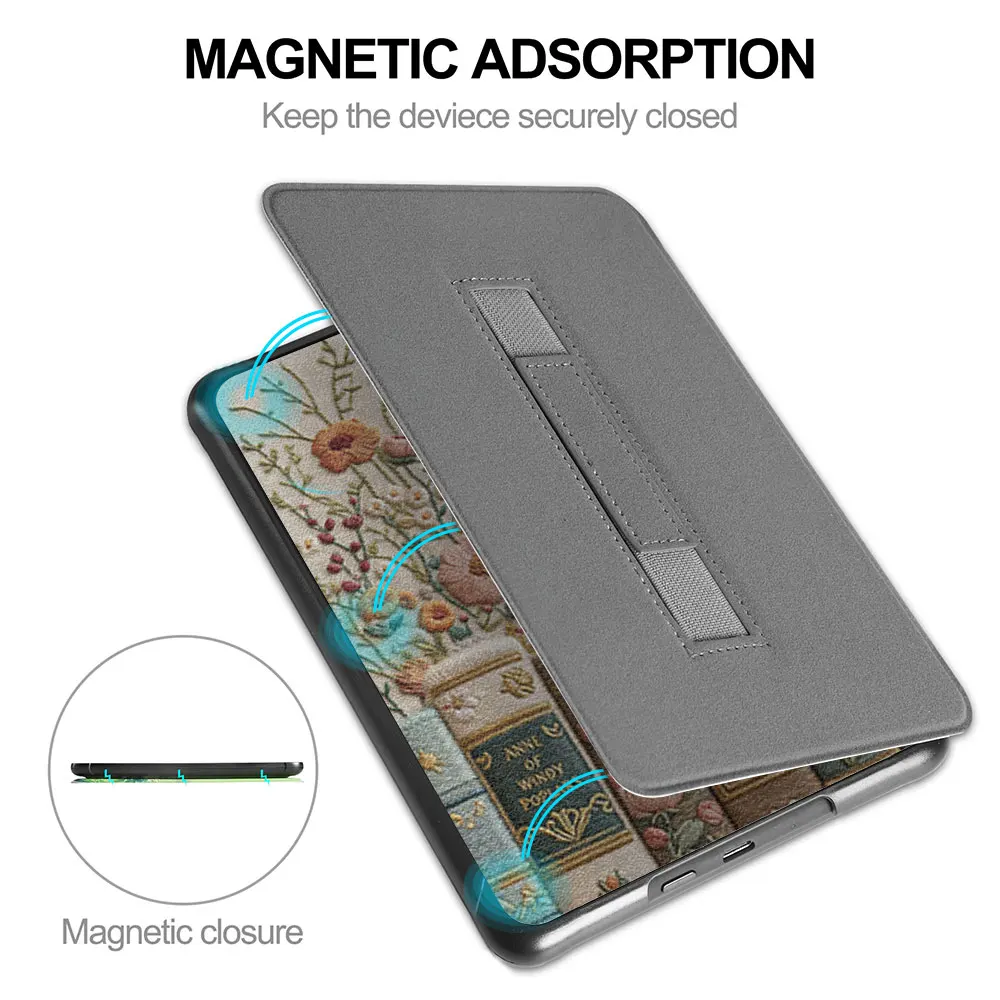 Magnetic back，Vintage-style printed embroidery，imitation embroidery technique，Hand strap Anti drop,kindle case paperwhite 2024