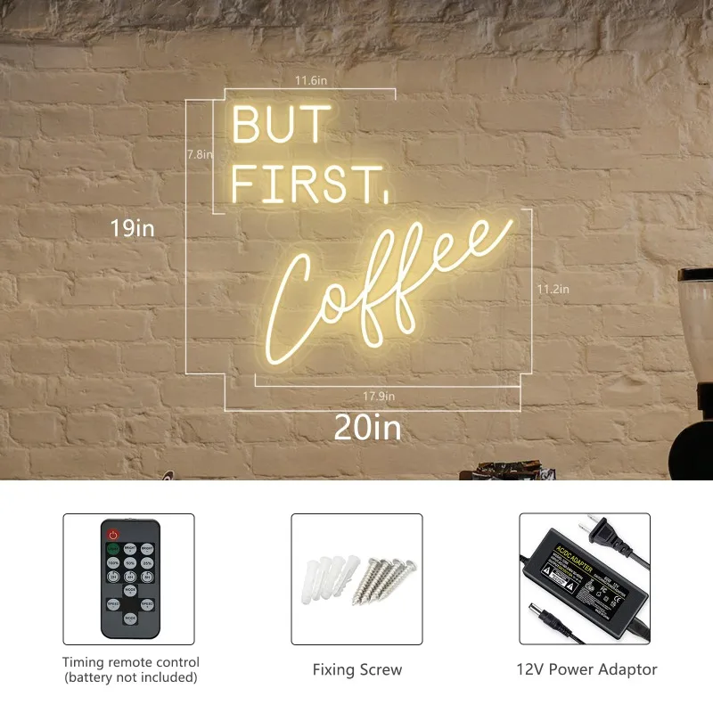 BUT FIRST COFFEE Neon Sign Coffee LED Light Timer Dimmable Wall Decor Light Up Hanging Night Light Handmade Advertising 20x19 in