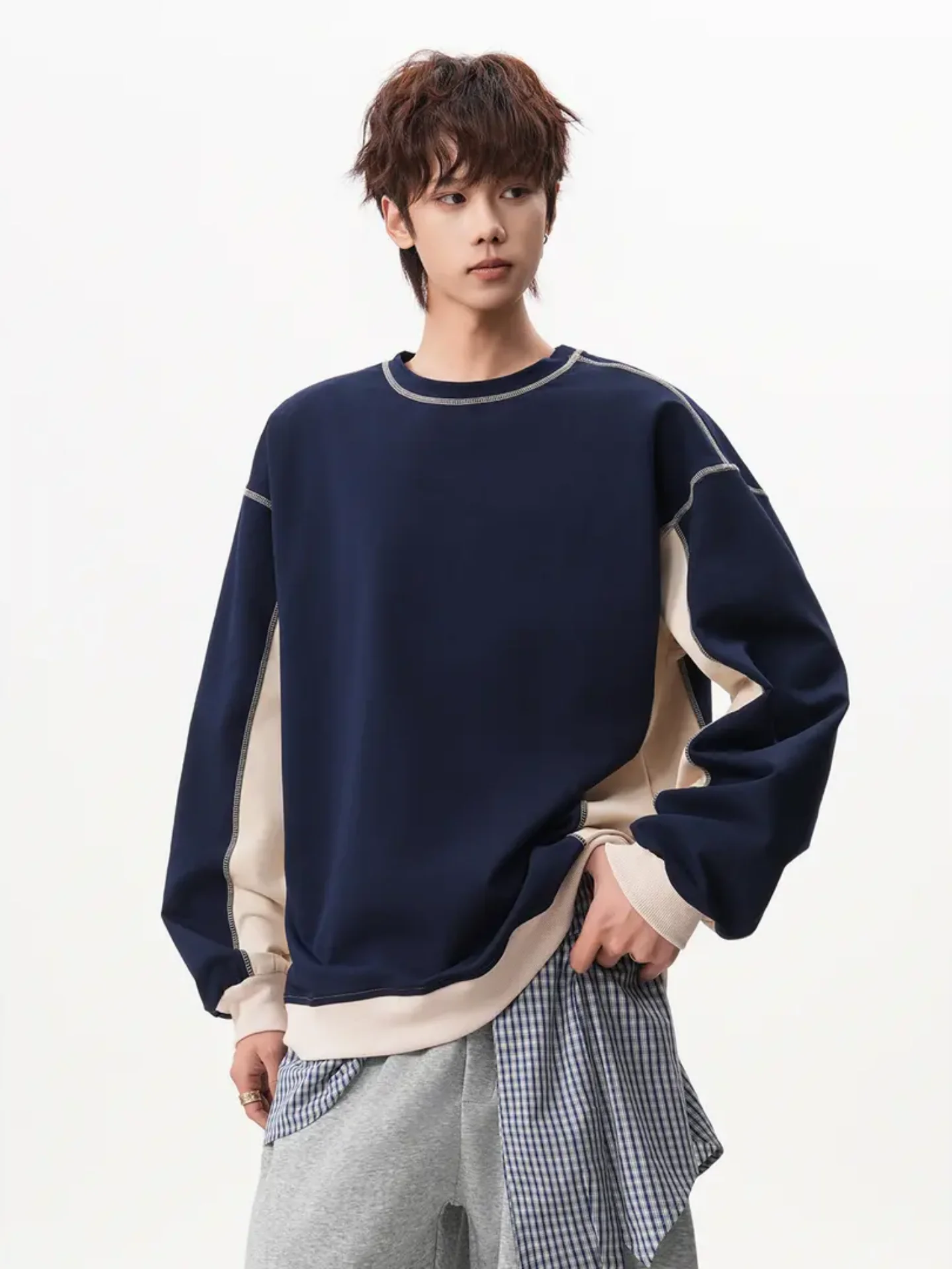 

Ретро-американский свитшот с круглым вырезом и цветными вставками, мужской, плотный, в уличном стиле, повседневный топ, синий, универсальный худи для молодежи