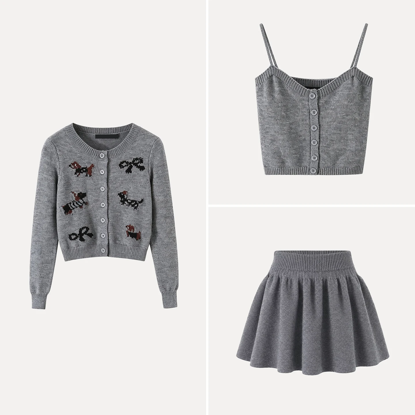 Cute Little Dog Knitted Cardigan Single Button Puffy Skirt Set Women's Fashion Ensemble Autumn 2026 Zadata Brand China Made