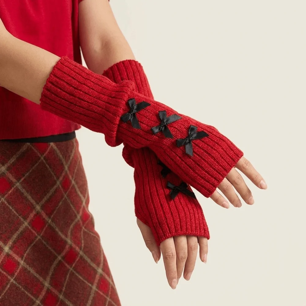 Sweet Slouchy Bow Knitted Arm Warmers Stacked Windproof Wrist Cuffs Warm And Comfortable Long Sleeve Covers Autumn