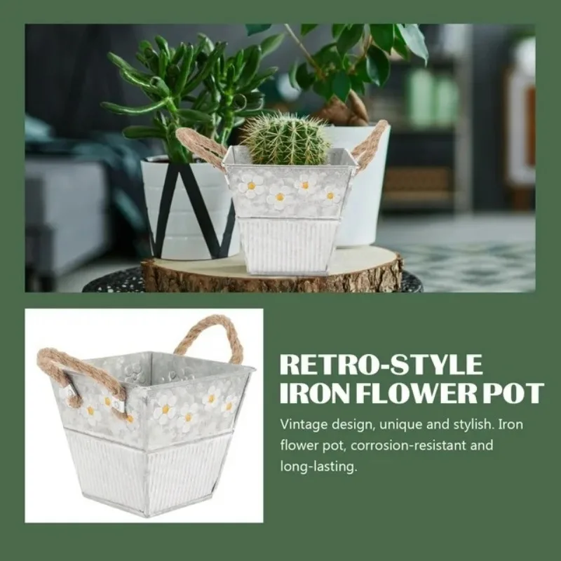 Embossed Vintage Iron Flower Pot Desktop Flowers Vase Plant Hanging Balcony Plant Bucket Planting Home Garden Decorations
