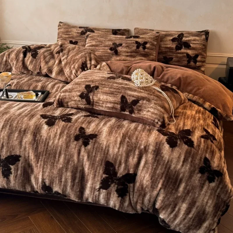 Thickened imitation rabbit hair carved milk fleece four-piece set winter coffee color warm fleece quilt set