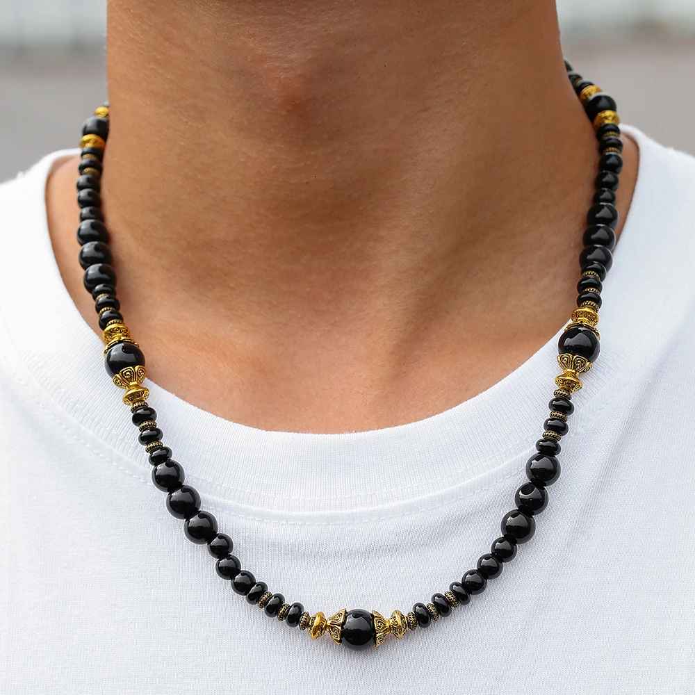 

Classic Black Onyx Obsidian Stone Choker Retro Gold Color Metal Collar Neck Accessories Casual Guy Collectible Jewelry