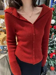 Temperament navy collar 100 pure cashmere knitted cardigan women Spring autumn foreign style short jacket thin sweater wool coat