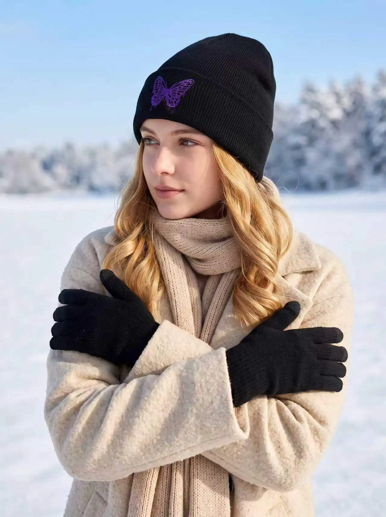 2Pcs Women Large Embroidery Butterfly Knit Hat & Gloves Set, Soft White Beanie Hat Matching Outfit for Autumn Winter Daily Wear