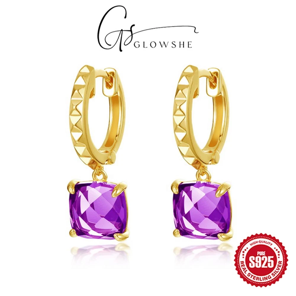 

Glowshe 925 Sterling Silver Amethyst Square Hoop Earrings Luxury Fine Jewelry 2025 New Design Women's Charm Statement Earrings