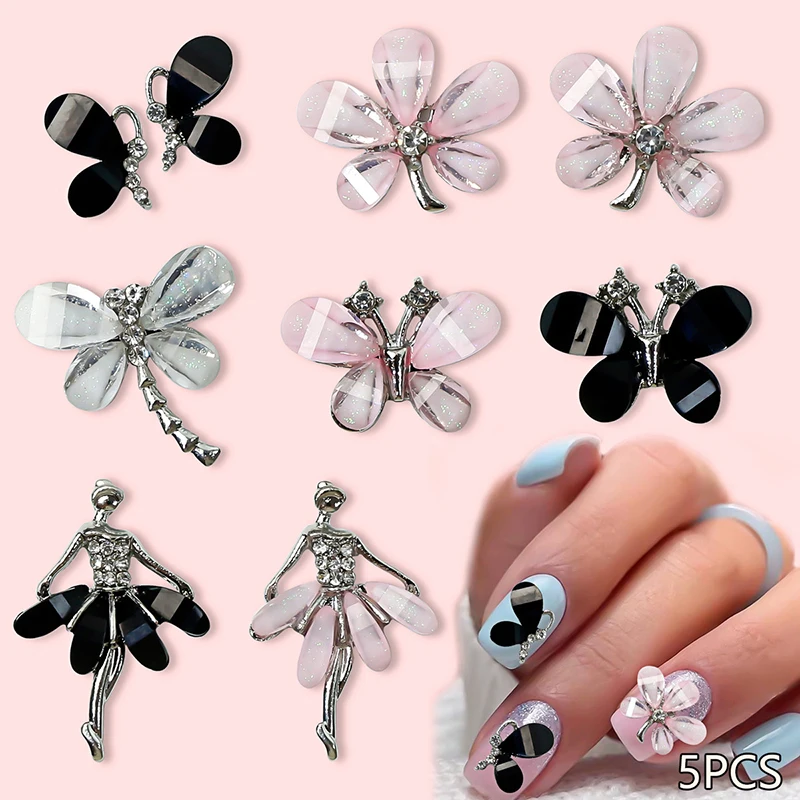 5pcs Nail Enhancement Half Edge Opal Butterfly Water Diamond Metal Symmetric Splice Butterfly Alloy Bow Tie Nail Decoration