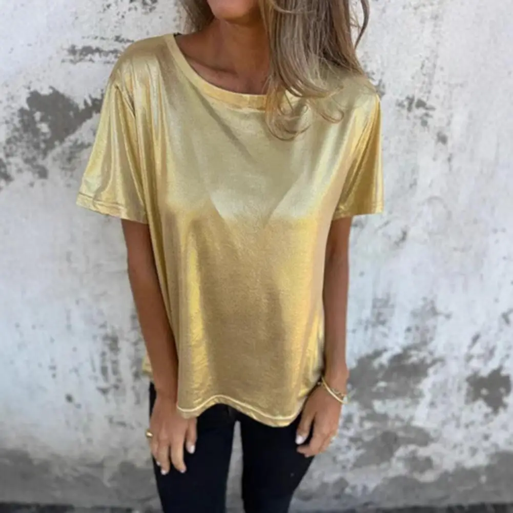 

Women T-shirt Stylish Round Neck Summer Top With Short Sleeves Glossy Surface For Daily Wear Date Nights Parties Stretchy Top