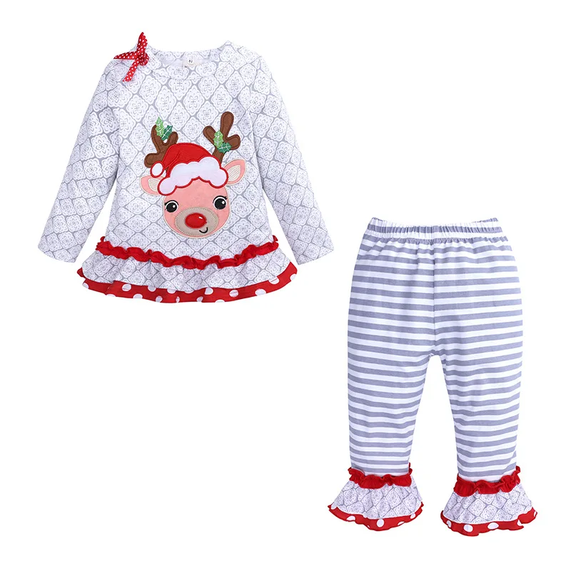 2024 Christmas Essentials New Children's Clothing Girls Long Sleeve Elk Print Top + Striped Pants Baby Suit Two Piece New Year