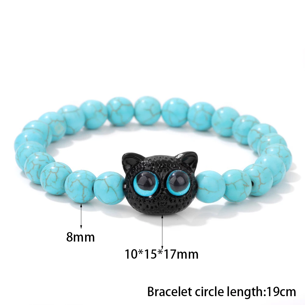 Handmade Cartoon Black Cat Head Charm Bracelet 8mm Turquoise Cat Eye Beads Elastic Stretch Bracelet for Women Fashion Jewelry
