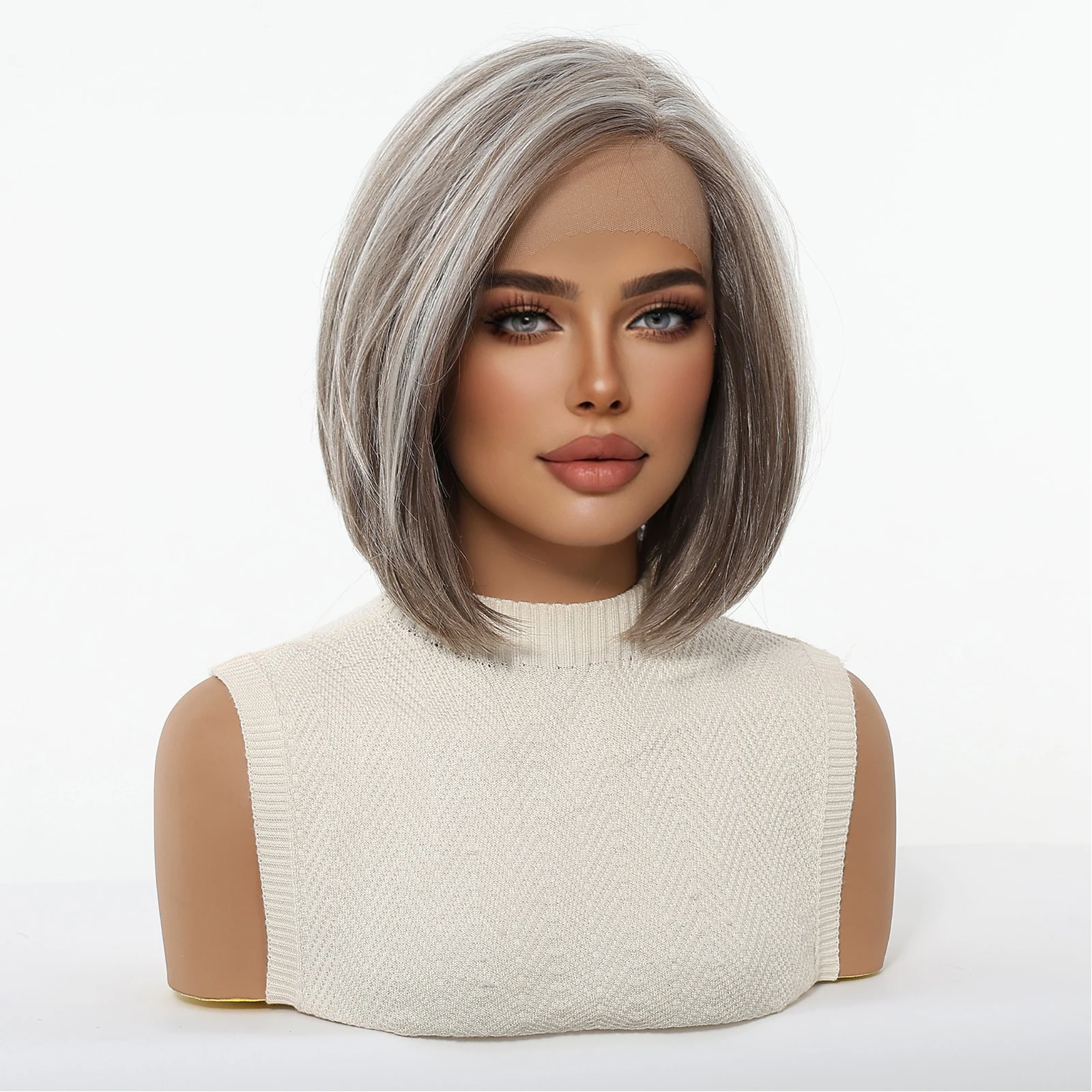 DWY 13x4x1 T Part Lace Front Wig Grey Ombre Short Straight Bob Side Part Synthetic Natural Hairline for Women Daily Wear Use